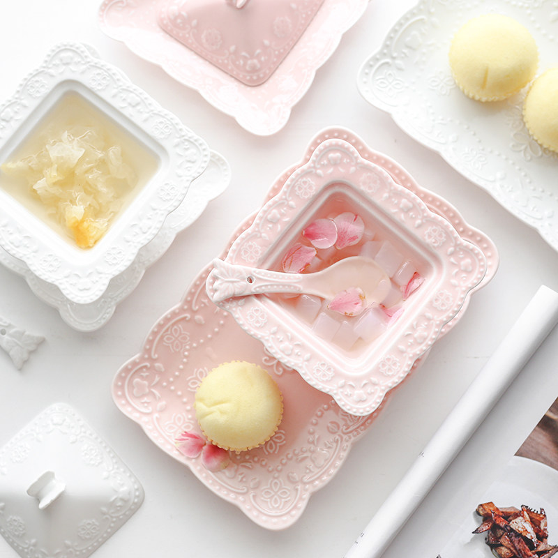 Square bowl with lid Bird's nest bowl Embossed bowl Shark fin cup Silver fungus sugar water bowl Pudding Yogurt small bowl