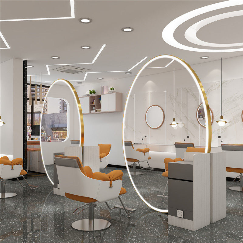 Net red simple floor-to-ceiling mirror Hair salon special hair mirror table Hair salon mirror with lamp stainless steel single and double-sided mirror table