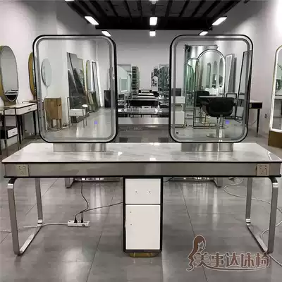 Lei shop fashion simple with lamp marble hairdressing mirror table hair salon special single double four six-sided glass steel stone mirror