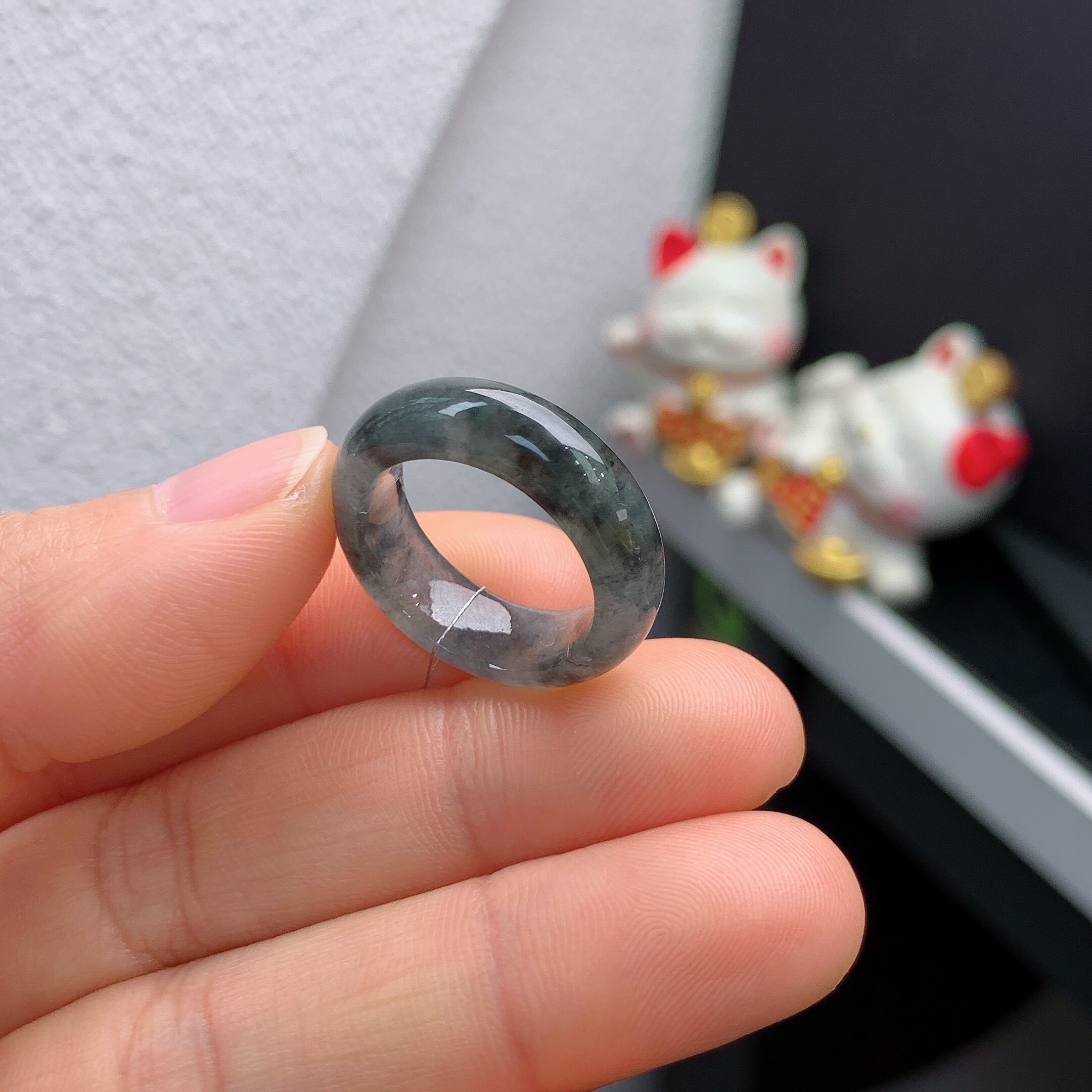 13 circle mouth Burmese natural jade A grade cold black chicken ring A723#