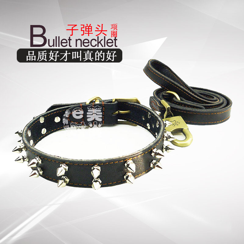 Genuine leather dog item ring neck ring bronze rivet anti-biting infighting infighting dog neck cover large and medium-sized dog chain dog necklace traction belt