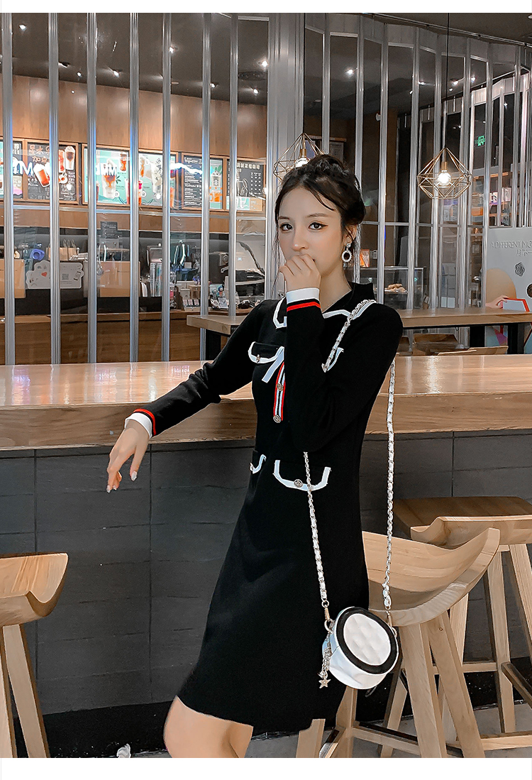 VK旗艦店 韓國風優雅針織時尚條紋拼接撞色長袖洋裝