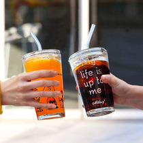 Glass water cup suction tube cup milk tea cup with scale milk juice cup cold drink cup ins Wind girl cute