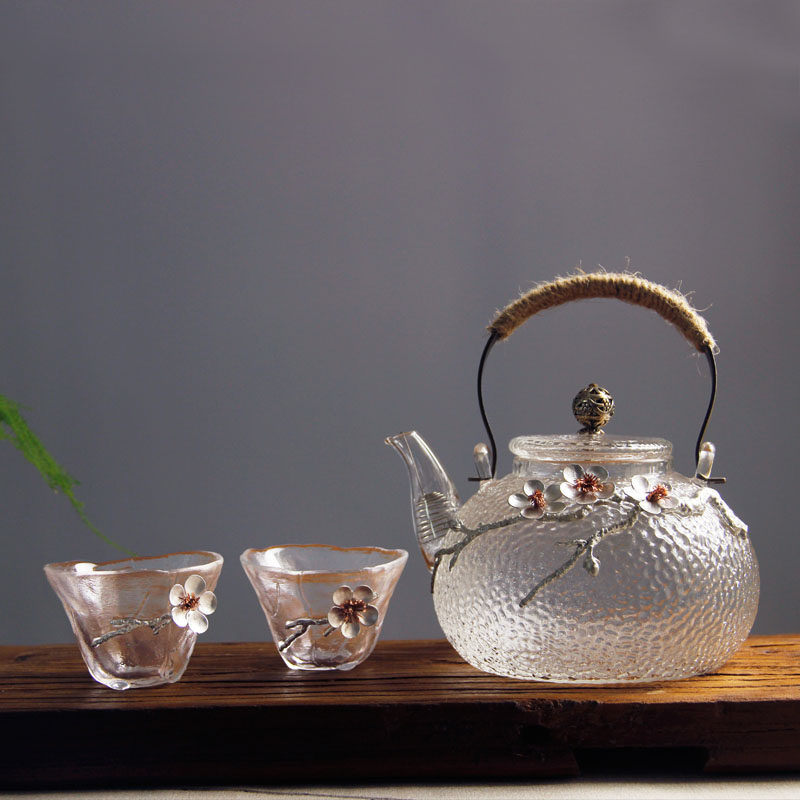 Heat-resistant hammer glass kettle tin pizza teapot set boiled teapot can be heated black crystal furnace open fire