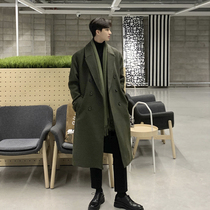 Bisoft green cashmere big coat mens double row buckle over knee trend thickening 100 hitch winter sweater