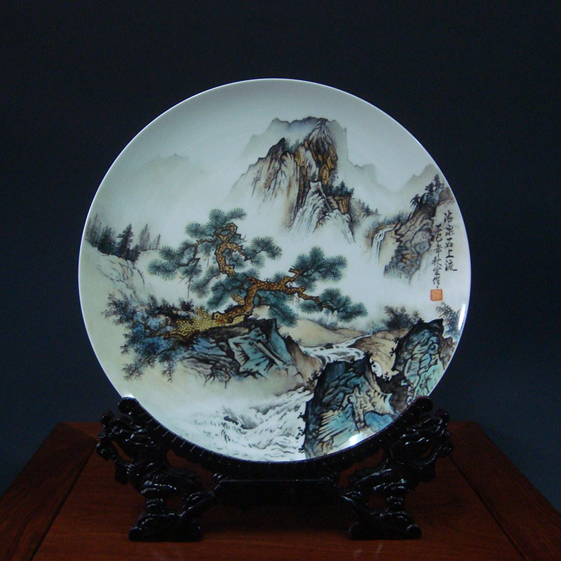 Jingdezhen Famous Ceramic Artist Qiusheng's Hand-Painted Landscape Art Porcelain Plate Decorative Painting, Hanging Plate, Living Room Housewarming Ornament