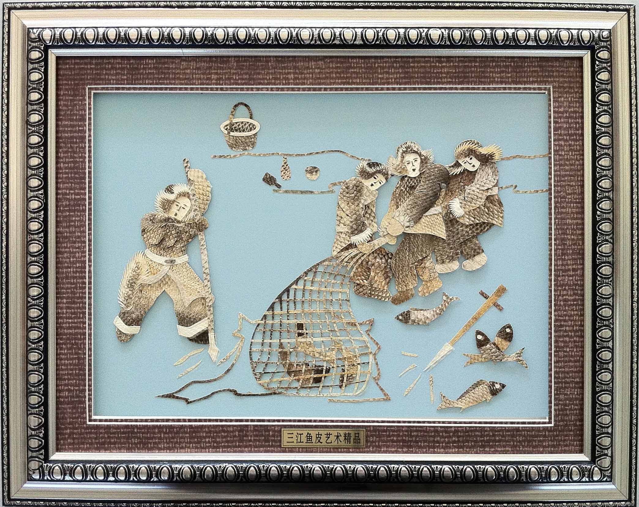 Hezhe nationality characteristic handmade fish skin painting in fish skin painting characteristic gift craft gift decoration Hezhe style winter fishing