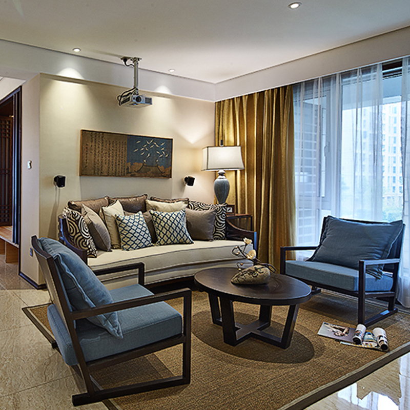 New Chinese-style hotel living room with fabric solid wood sofa combination villa club classical Zen creative custom furniture