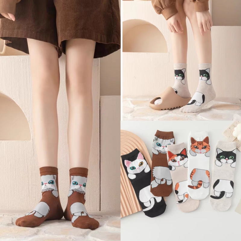 2026 Spring and Autumn Socks for Men and Women, Mid-Calf Cute Tiger Cat Student Socks, Cross-Border Cotton Socks, Cartoon, One Size Fits All 35-40