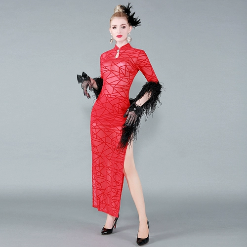 Длинное эластичное классическое красное кружевное сексуальное ципао для танцевального шоу, облегающий крой
