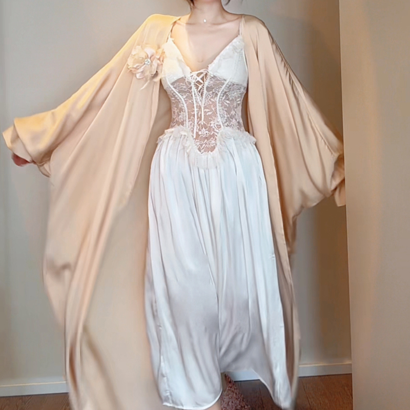 Lazy Style Long Robe Cardigan, French Retro Design, Satin Nightgown, Home Vacation Robe, Imitation Acetate Long Outer Robe Lazy Style Long Robe Cardigan, French Retro Design, Satin Nightgown, Home Vacation Robe, Imitation Acetate Long Outer Robe
