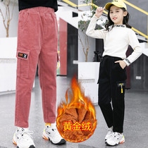 Girls clothing corduroy pants foreign-wearing one plus velvet thickened 6 thin velvet 7 girls 8 autumn and winter 9 cotton pants ten years old