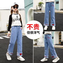 Girls denim wide-legged long pants 2021 new spring and autumn models 10 loose 13 little girls 12 children ten years old spring