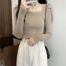 Square neck bottom sweater for women 2024 new knitted collarbone low neck sweater short black bubble sleeve top trendy