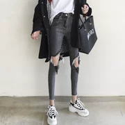Mùa thu 2018 mới in chín điểm cao eo quần jean nữ lỗ rộng đã được chic chic mỏng bó sát chân quần thủy triều