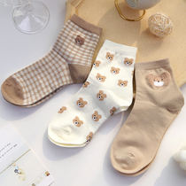 Cute Bear socks female ins tide spring and autumn summer thin Korean Japanese Plaid college style cotton socks