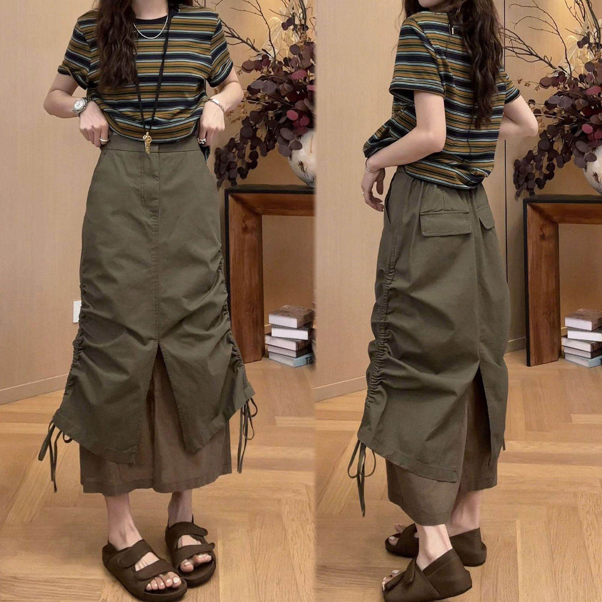 时尚显瘦设计感半身裙2026夏季新款休闲百搭抽绳开叉中长工装裙女