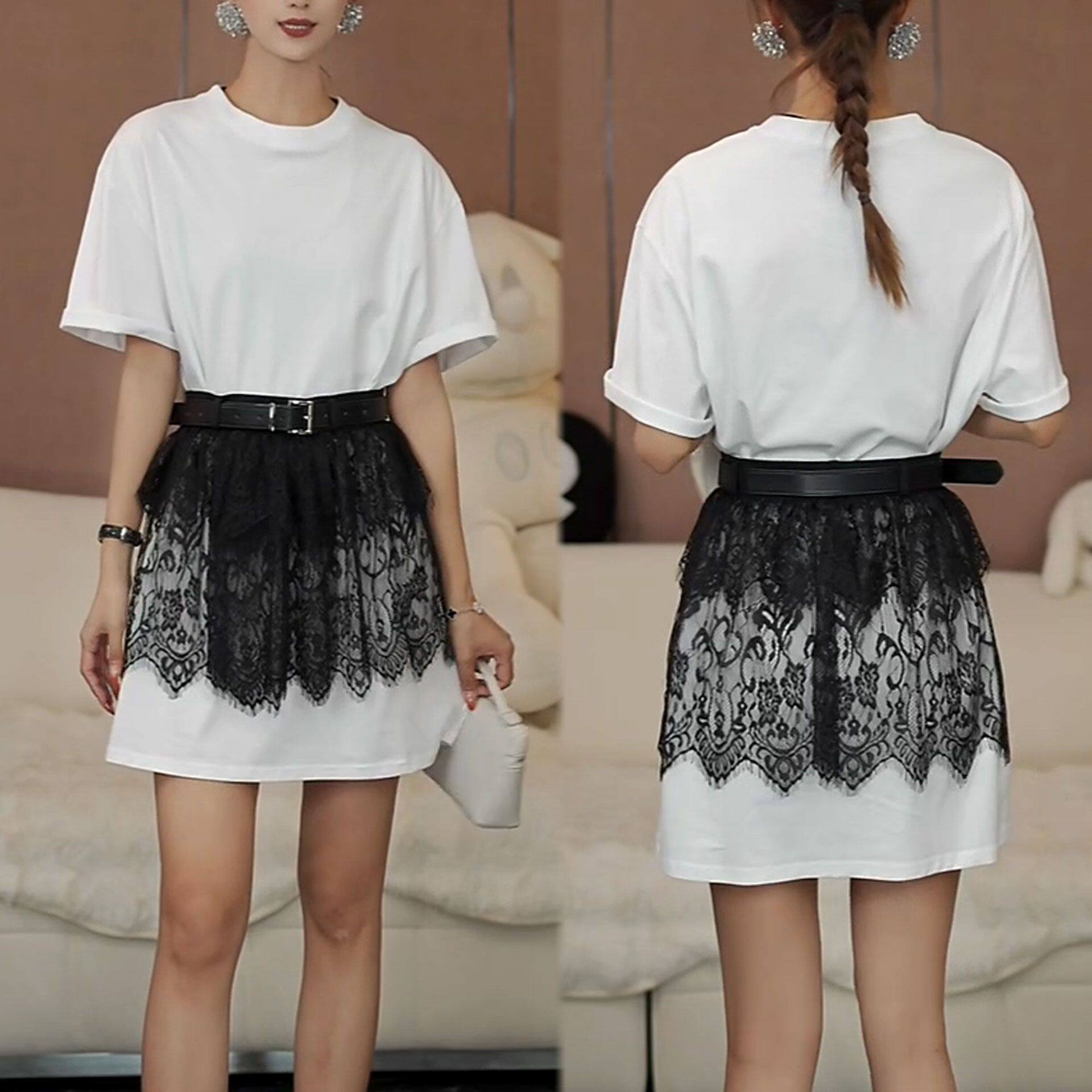 韩系显瘦百搭圆领连衣裙2026夏季新款时尚洋气腰带蕾丝拼接T恤裙