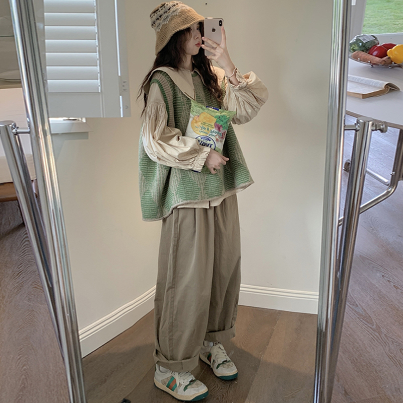 Plus-Size Women's Clothing for Chubby Girls: Stylish and Slimming Three-Piece Set with Doll Collar Shirt + Green Knitted Vest + Loose Wide-Leg Pants
