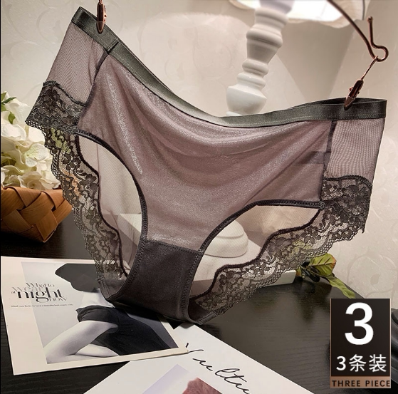 Mid-high waist seamless sexy lace underwear women's pure cotton crotch antibacterial autumn thin section breathable mesh large size 3 pack
