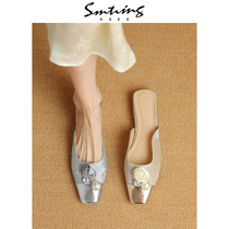 Japan ULOVAZN-The new silver gray Inn wind square head flower in the spring new silver gray Inn wind square head flower Baotou Semi-slipper female