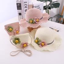 Childrens little girl summer outing sun flower straw hat bag set Baby Sunscreen beach cool hat