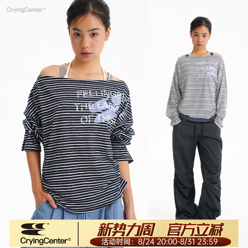 Cryingcenter Striped One-Shoulder Fake Three-Piece Layered Tank Top with Tie Long Sleeve Top Crying Center