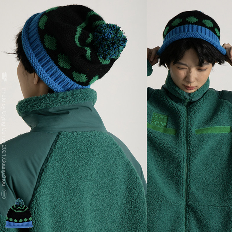 CryingCenter Fun Polka Dot Blue-green Coarse Woven Woolen Hat Hairball Cold Cap Crying Center
