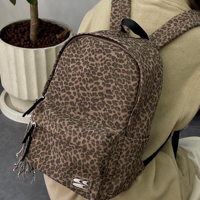 Cryingcenter Blue Leopard Print Backpack Brown Leather Leopard Print School Bag Crying Center