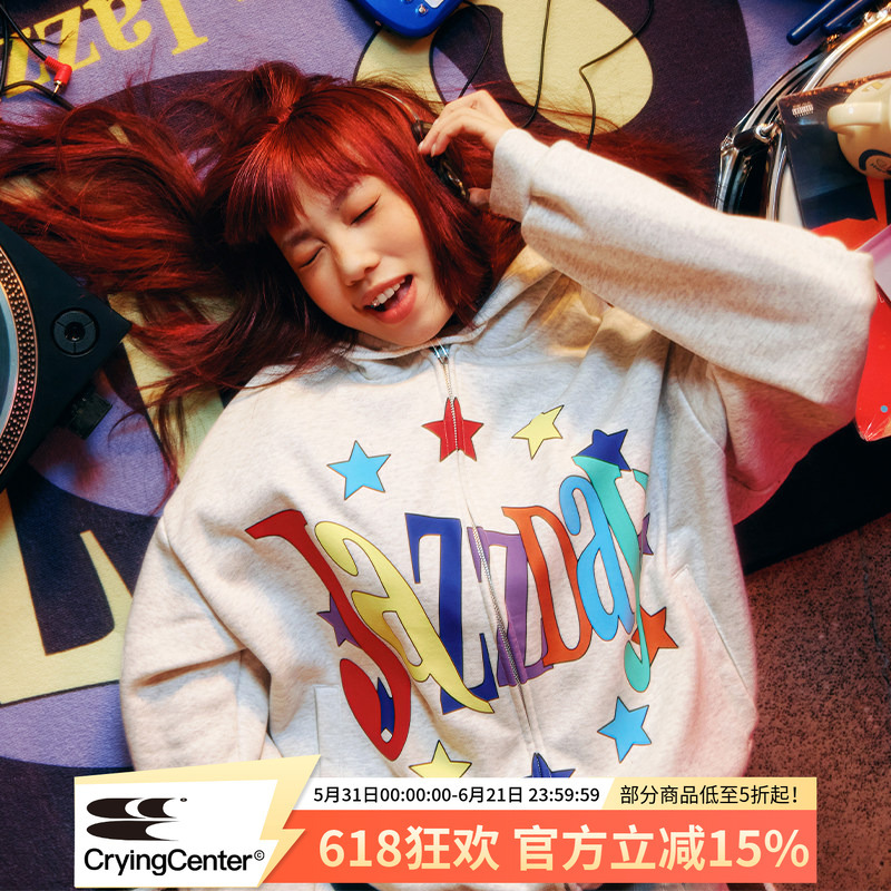 Cryingcenterjazzday Star-Encircled Letter Print Fleece-Lined Comfortable Cardigan Hooded Sweatshirt Jacket Cryingcenterjazzday Star-Encircled Letter Print Fleece-Lined Comfortable Cardigan Hooded Sweatshirt Jacket