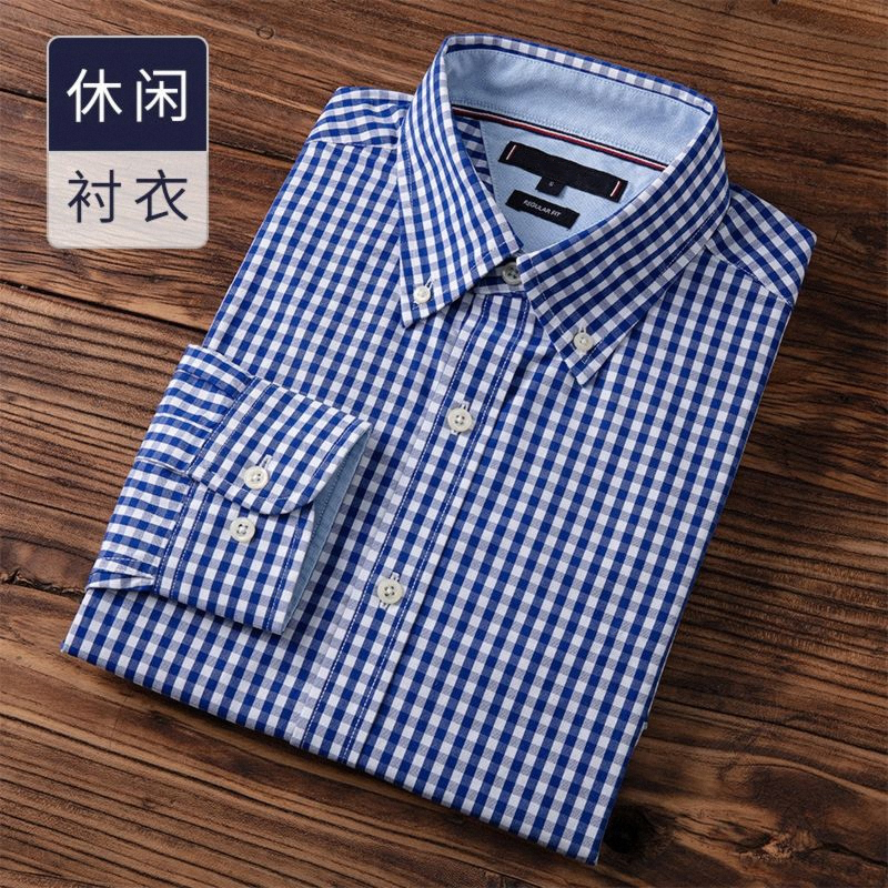 2026 American High-End Men's Plaid Shirt Long-Sleeved Pure Cotton No-Iron Business Casual Standard Fit Blue Shirt 2026 American High-End Men's Plaid Shirt Long-Sleeved Pure Cotton No-Iron Business Casual Standard Fit Blue Shirt