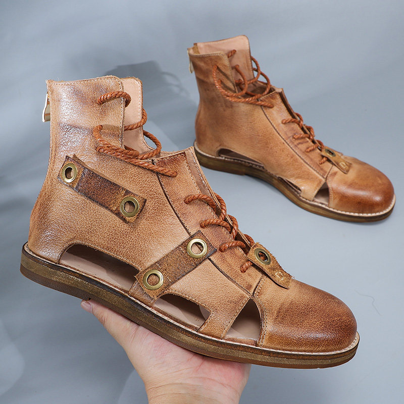 Original handmade head layer of cow leather high cylinder Baotou Rome hollowed-out Martin cool boots man genuine leather retro sandal women summer tide