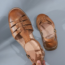 Original handmade retro cowhide French literary mens Roman sandals summer neutral flat-heeled toe casual sandals men