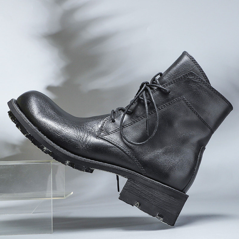 Goodyear handmade top layer leather British locomotive winter plus velvet Martin boots men's trendy retro mid-tube high-tube tooling boots