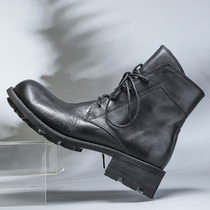 Goodyear handmade top layer leather British locomotive winter plus velvet Martin boots mens trendy retro mid-tube high-top tooling boots