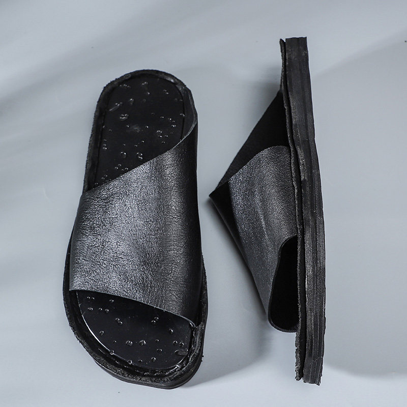 Minority original design handmade full cowhide retro slippers men's leather trendy outdoor half slippers one word slippers women