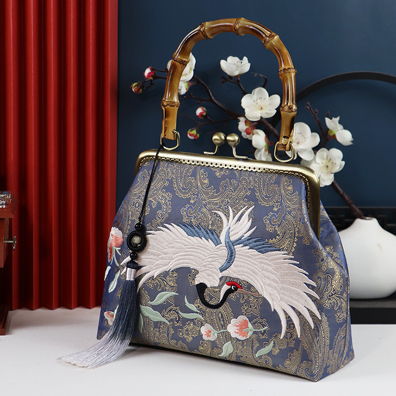 Exquisite and Elegant Embroidered Rayon Jacquard Chinese Style Bamboo Knot Gift Bag for Middle-Aged Mothers, Cheongsam Bag with Tassels