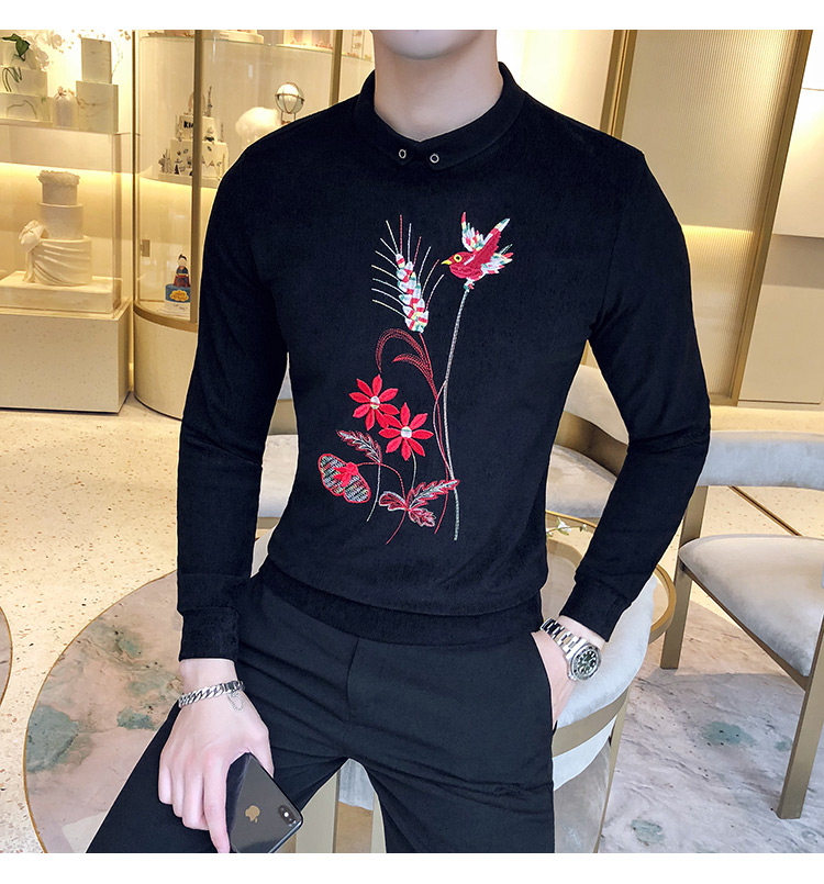 Quần áo mùa thu Anh thêu áo len giả hai mảnh áo len nam ve áo trùm đầu chạm đáy áo sơ mi Slim nam dài tay áo thun áo hoodie dày