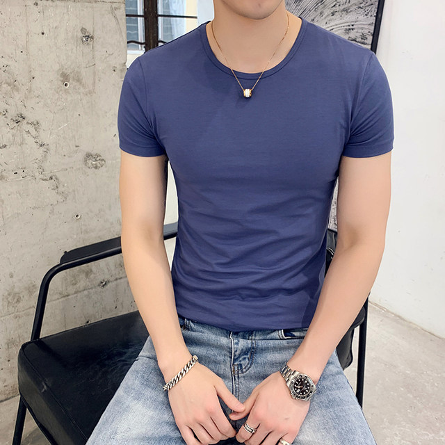 8 colors summer 2023 pure cotton solid color short-sleeved T-shirt Korean style slim fit men's tight round neck bottoming T-shirt