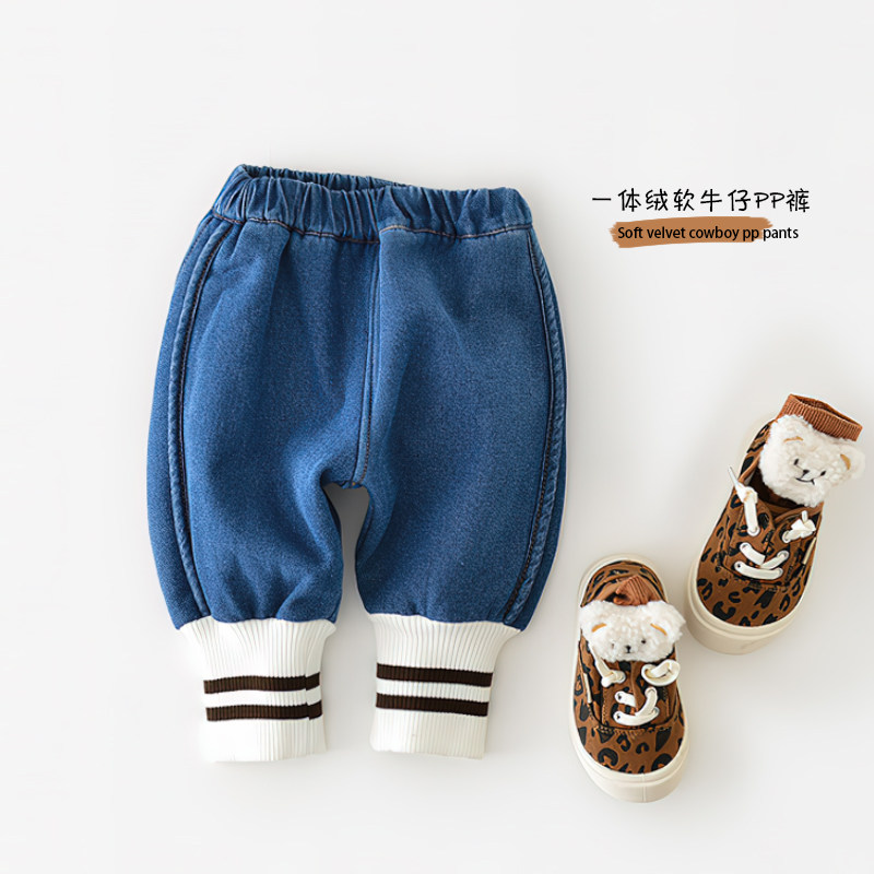 Baby jeans big fart with a velvet thickened soft and warm wave Han version male and female baby pants autumn winter-Taobao