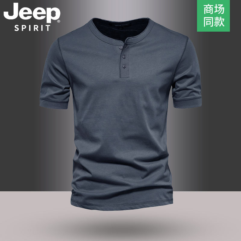 Jeep Summer Henley Shirt Men's T-Shirt Retro American Style Half-Sleeve Solid Color Short-Sleeve Tough Guy Top Base Shirt