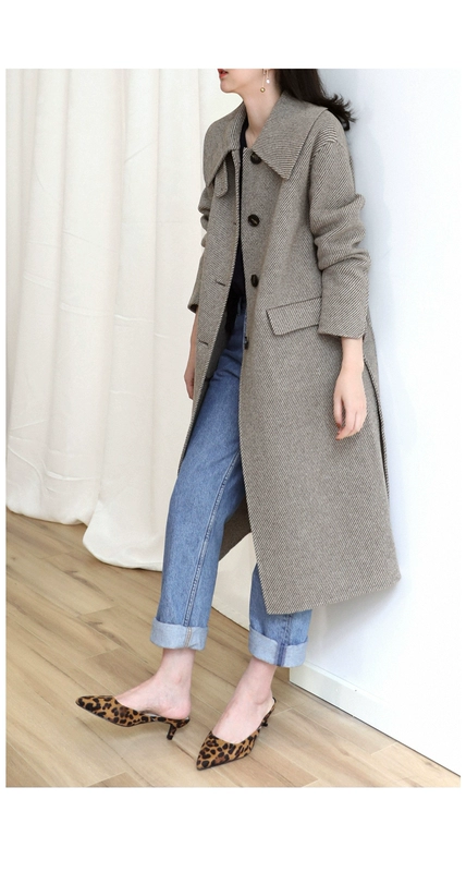PKH.HK đặc biệt đầu đông sản phẩm mới sành điệu nhẹ nhàng và phong cách quen thuộc Twill len hai mặt hai lớp áo dài ve áo áo khoác da nữ