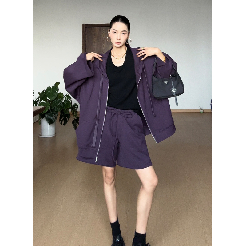 Cizzlemore【Mianzi Xianxing】American-Style Hooded Zip-Up Sweatshirt, Loose Casual Jacket with Shorts Set