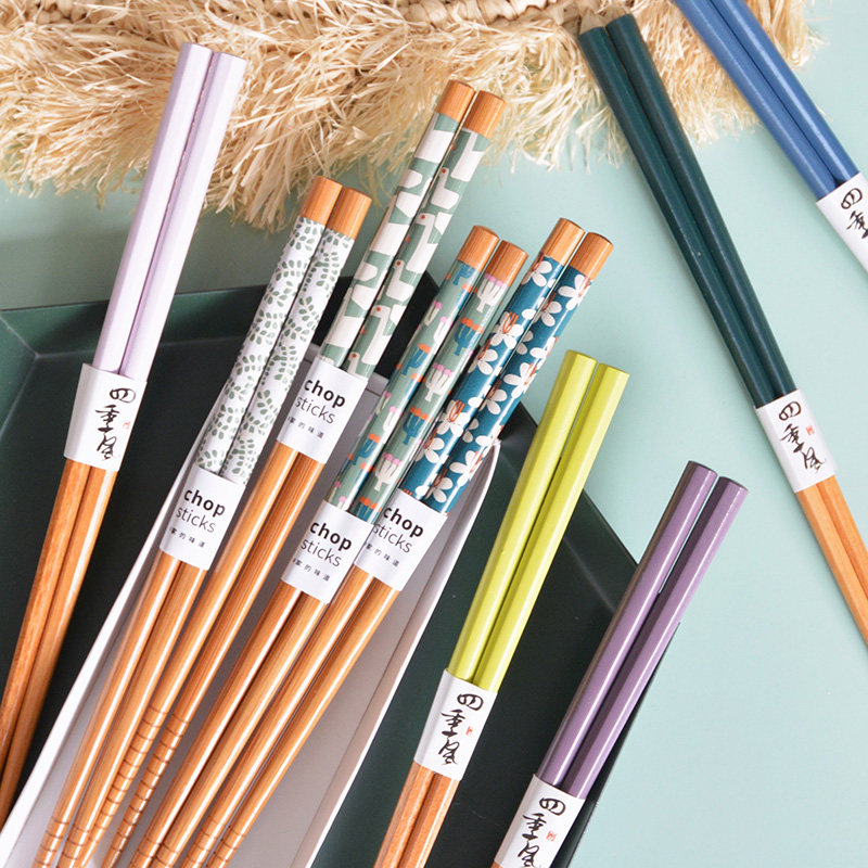 SwanLace Nordic fresh print pattern non-slip solid wood wooden color pointed sushi hexagonal Japanese chopsticks