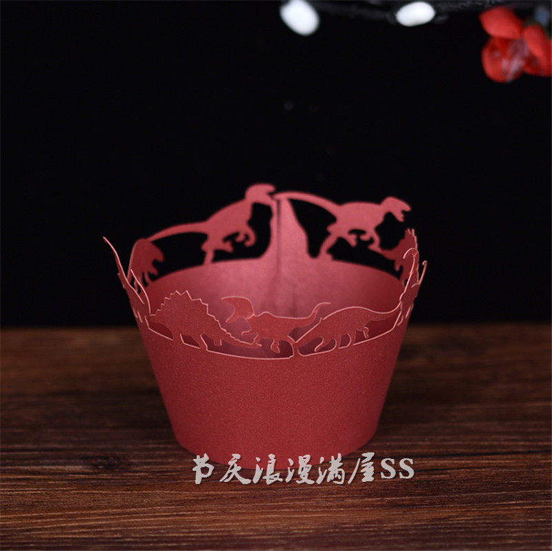 Baking Packaging Dinosaur Style Cake Paper Edge Birthday Cake Decoration Hollow Flower Paper Cups 12 Pieces Pack