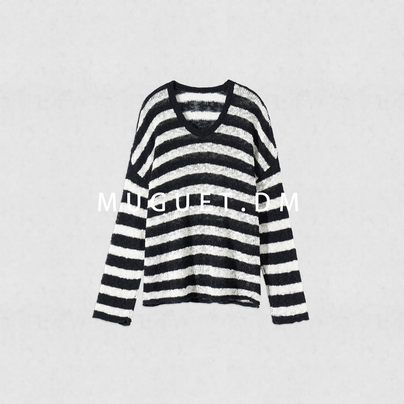 [Tang Youyou] Custom-Spun Yarn 7-Gauge Strong Twist Cotton Striped Knit Sweater for Women, Autumn Long-Sleeve Black and White Striped Top