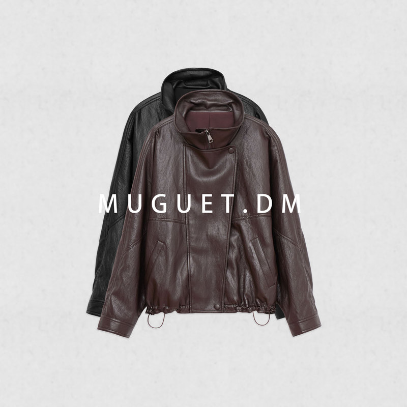 [Tang Youyou] Vintage Oil Wax Protein Leather Jacket for Women, Early Autumn Flexible Stand Collar Loose Jacket
