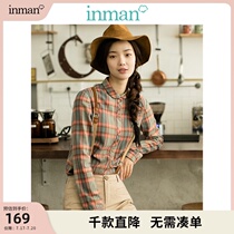 Inman womens spring and autumn new retro literary fan brushed plaid shirt womens long-sleeved loose shirt base top