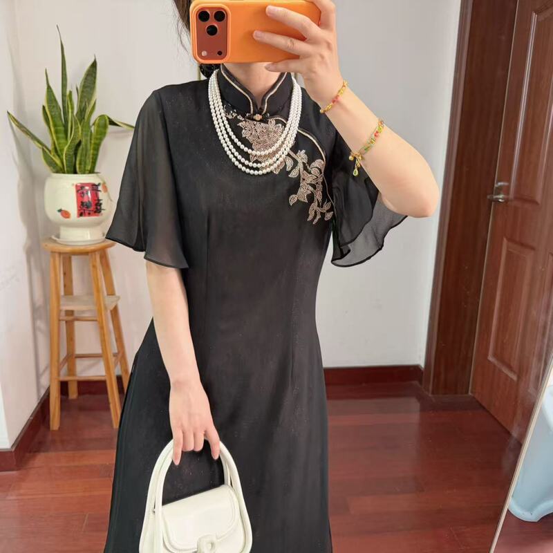 New Chinese Style, Flowing Tassels, Side Slit, Short-Sleeved Chiffon Modified Cheongsam, Black