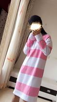 Pure original youth pie cotton thick horizontal striped long t dress with plus size Pink Blue White Blue White